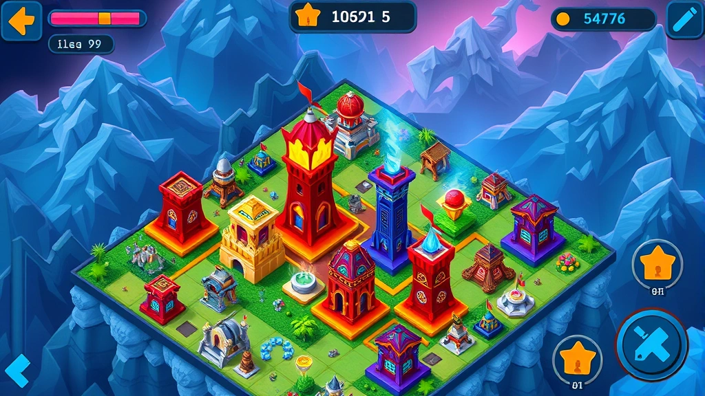 Puzzle game interface showing strategic tower placement with vibrant tower defense mechanics, multiple colored towers on game board, strategic positioning visualization, bright engaging colors, dynamic gameplay moment