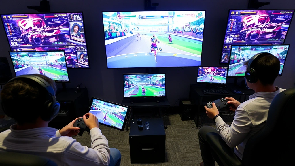 Multiplayer gaming session showing competitive players on different devices, screens displaying various game interfaces, gaming setup with controllers and keyboards, engaged players in action, modern gaming environment