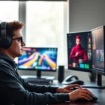 Gamer sitting at desk playing browser games on multiple screens with colorful game interfaces visible in background, natural lighting from window, focused expression