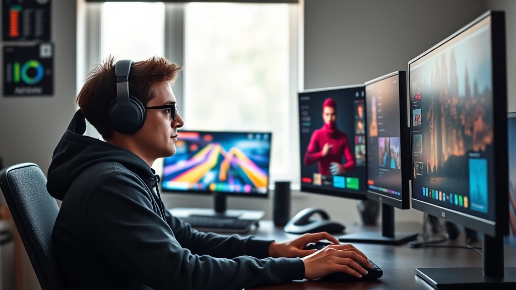 Gamer sitting at desk playing browser games on multiple screens with colorful game interfaces visible in background, natural lighting from window, focused expression