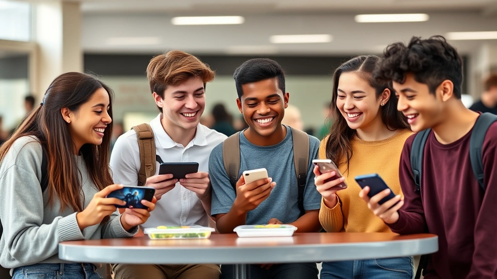 Diverse group of teenage students laughing together during lunch break, holding smartphones and tablets with gaming apps visible on screens, casual school cafeteria setting