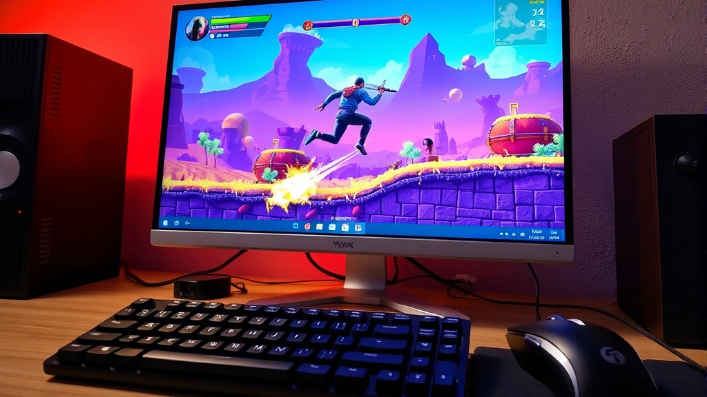 Computer monitor displaying vibrant unblocked game interface with action game character mid-jump, colorful graphics, dynamic gameplay scene, keyboard and mouse in foreground, gaming setup