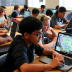Students sitting at classroom desks playing strategy games on laptops, focused expressions, colorful game interfaces glowing on screens, natural classroom lighting, diverse group engaged in gameplay