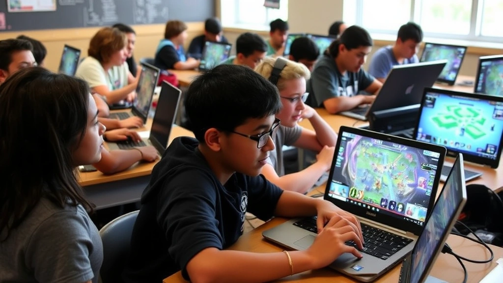 Students sitting at classroom desks playing strategy games on laptops, focused expressions, colorful game interfaces glowing on screens, natural classroom lighting, diverse group engaged in gameplay