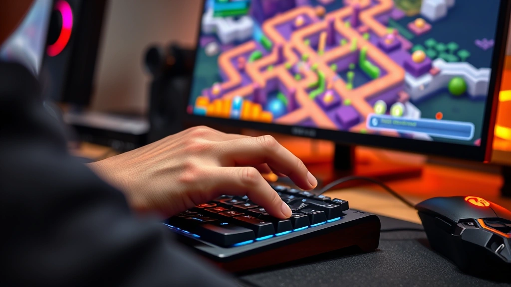 Close-up of hands on keyboard and mouse during puzzle game gameplay, vibrant game graphics visible on monitor, concentrated player expression, modern computer setup with gaming peripherals