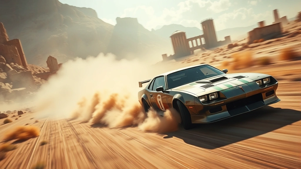 A high-speed racing car drifting through a post-apocalyptic desert landscape with dust clouds, crumbling ruins in background, dynamic lighting showing intense action and speed, photorealistic graphics, no UI elements