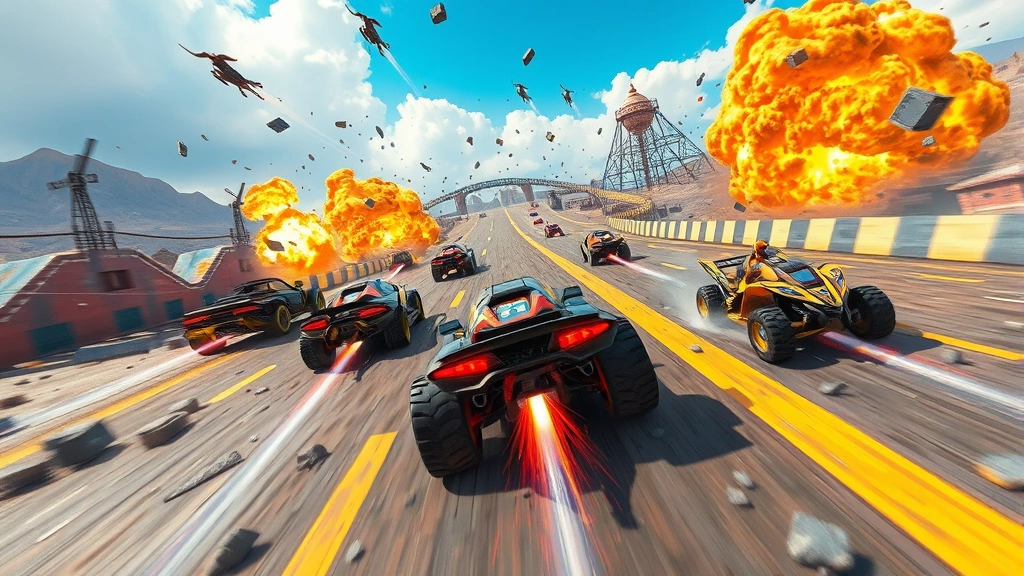 Multiple racing vehicles competing on a destructible track with environmental hazards, explosions, and debris flying, showing survival mechanics and multiplayer chaos, vibrant colors, photorealistic style, no game menus