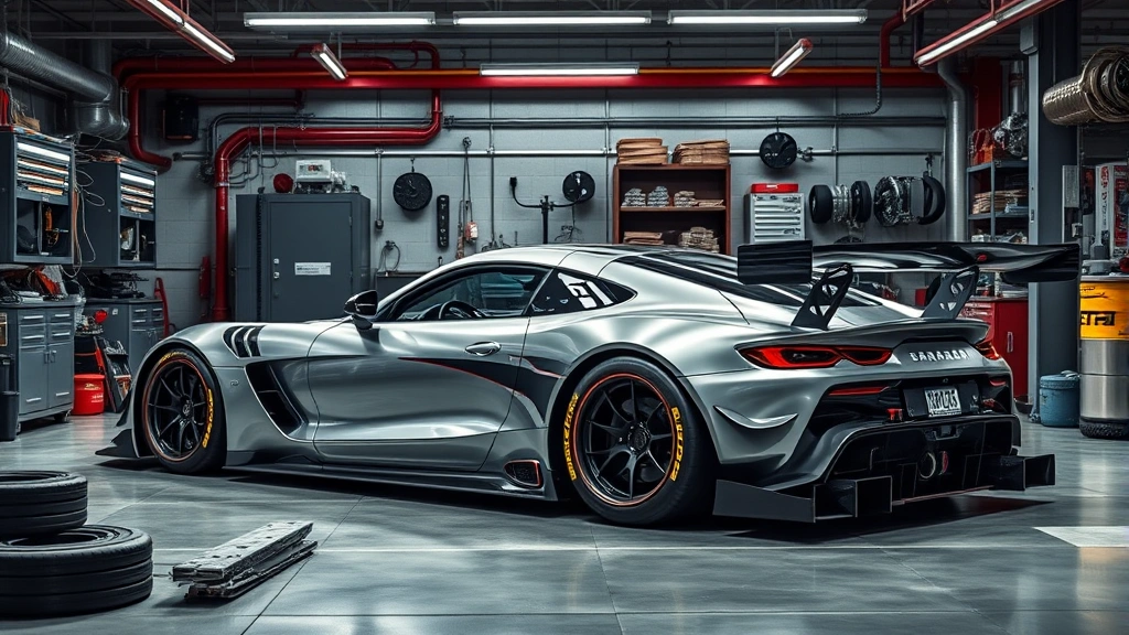 A sleek customized race car in a garage workshop environment with upgrade stations, mechanical parts scattered around, showing vehicle modification systems, photorealistic detail, industrial lighting, no text overlays