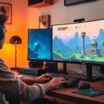 Indie game developer working at desk with dual monitors displaying colorful pixel-art game design, comfortable gaming setup with mechanical keyboard and mouse, creative workspace atmosphere with warm lighting