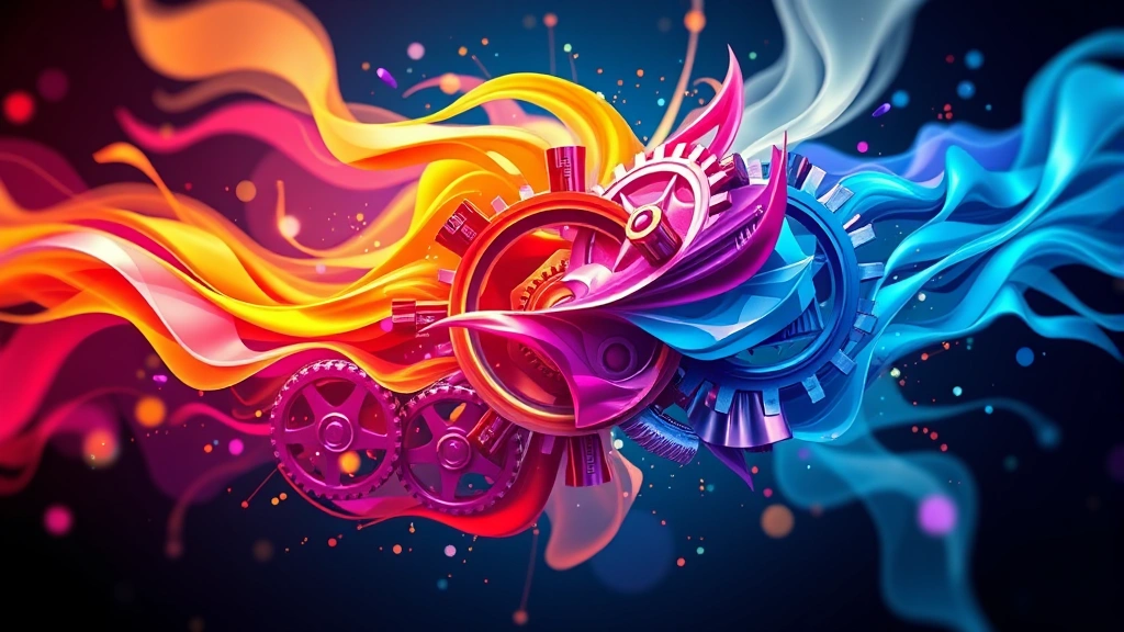 Abstract artistic representation of game design elements merging together—vibrant colors flowing into mechanical gears, representing innovation and creativity in game development, no text or UI elements