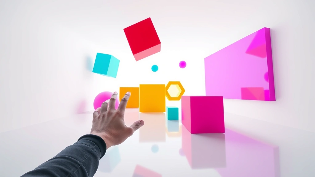 First-person perspective showing colorful 3D geometric shapes floating in an abstract minimalist space with clean white background, player hand reaching toward objects, bright neon colors reflecting off surfaces, photorealistic rendering, gaming environment