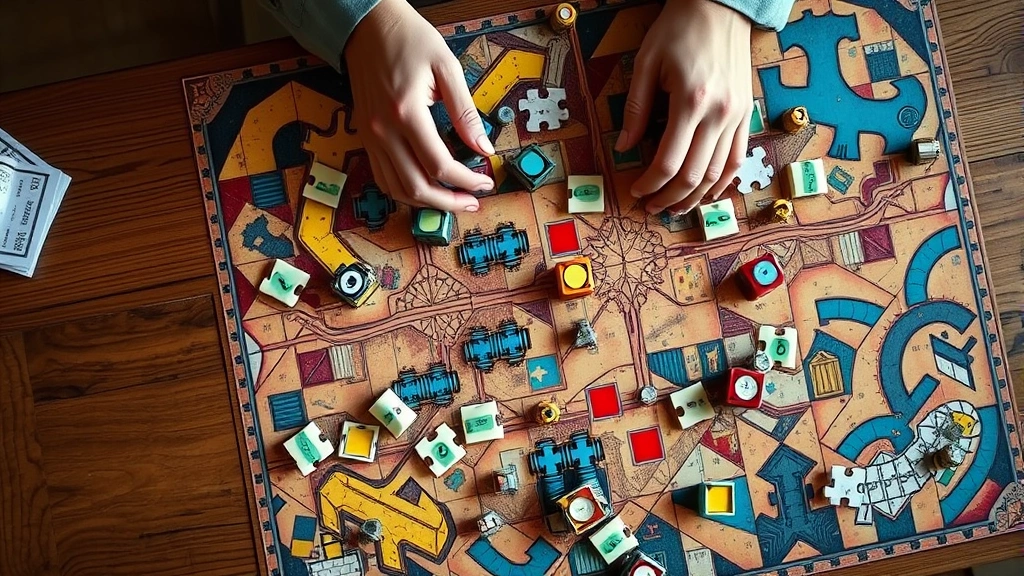 Overhead view of a complex puzzle board with interconnected colored tiles and mechanical pieces, hands manipulating puzzle elements, soft studio lighting, wooden game table surface, photorealistic detail, focused concentration moment