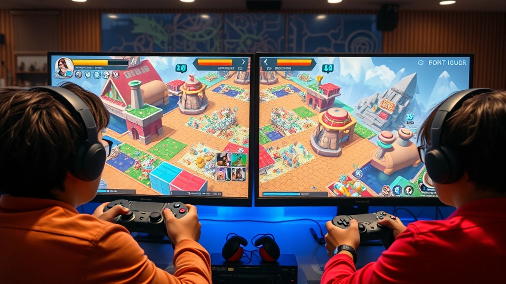 Split-screen showing two players collaborating on a puzzle challenge, diverse players at gaming setup with controllers, vibrant game world visible on monitors, cooperative gaming atmosphere, photorealistic lighting and detail