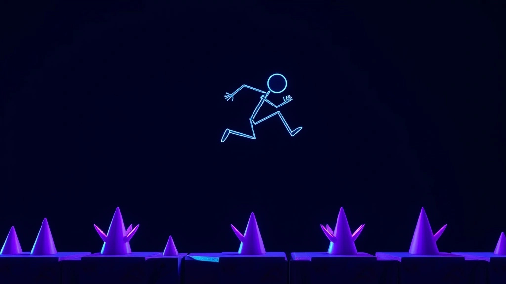 A stickman character mid-jump over purple spike obstacles in a minimalist platformer level, dynamic motion blur, bright neon colors against dark background, side-view perspective, photorealistic rendering style