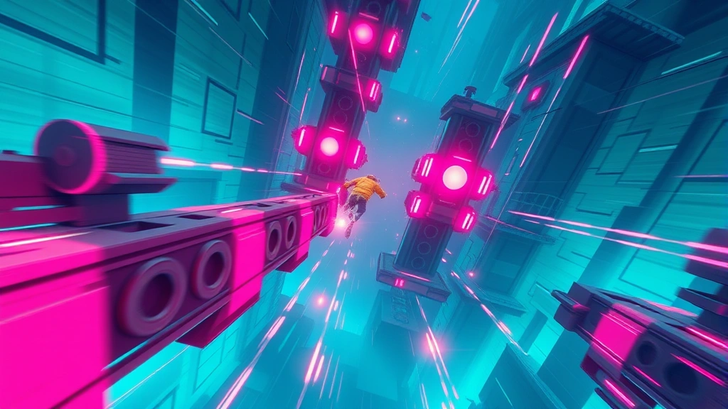 Intense speedrunner gameplay moment showing character navigating complex wall-jumping sequence between rotating obstacles and moving platforms, high-energy composition, vibrant cyan and magenta color scheme, split-second timing captured