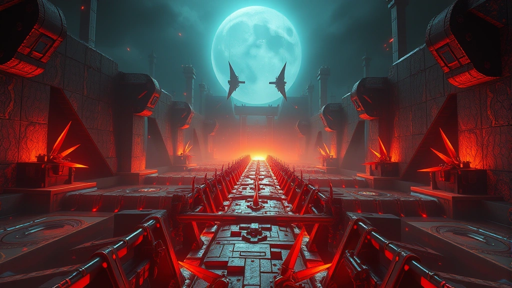 Epic final boss level gauntlet with multiple hazards - rotating spikes, moving platforms, and wall sections all visible simultaneously, dramatic lighting, sense of overwhelming challenge, cinematic perspective, photorealistic game world