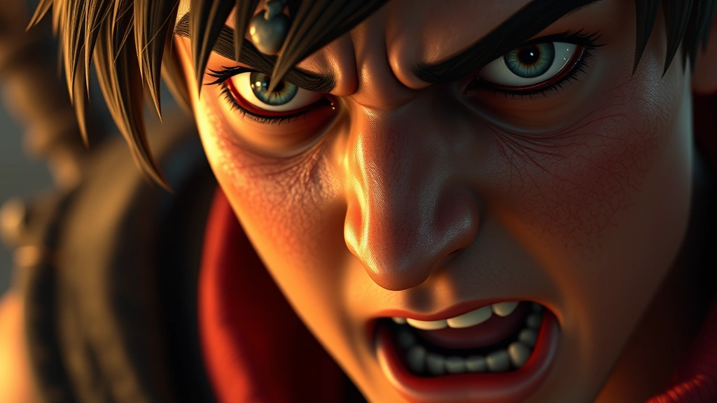 Close-up of a determined video game protagonist's face showing intense emotional expression during a pivotal narrative moment, photorealistic character model with detailed facial features and lighting