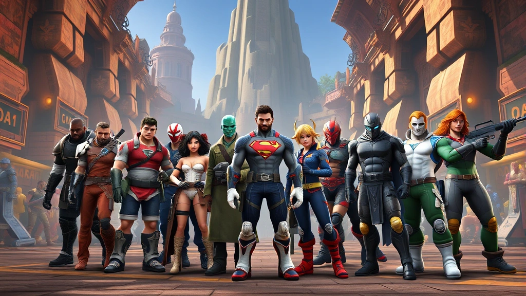 Wide shot of a diverse group of video game characters standing together in an iconic gaming environment, showcasing varied character designs and visual aesthetics