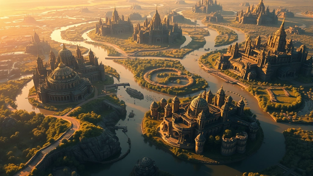 Aerial view of a vast fantasy landscape with floating islands, ancient ruins, lush forests, and winding rivers reflecting golden sunlight, photorealistic