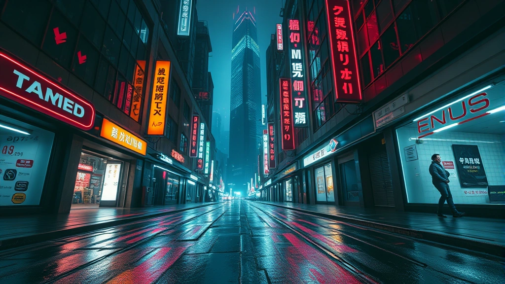 First-person perspective walking through a cyberpunk city street at night with neon signs, rain-slicked pavement, and futuristic buildings stretching upward, photorealistic