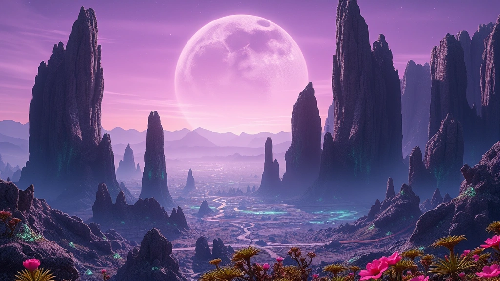 Expansive alien planet landscape with towering crystalline rock formations, bioluminescent flora, strange atmospheric phenomena, and distant mountains under a purple sky, photorealistic