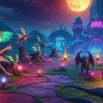 Vibrant fantasy game environment with glowing magical elements, diverse fantasy creatures in a colorful landscape, professional game screenshot style, no text or UI elements visible, photorealistic rendering