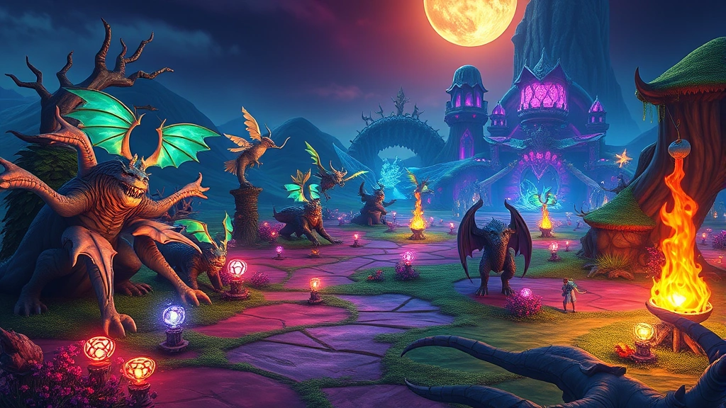 Vibrant fantasy game environment with glowing magical elements, diverse fantasy creatures in a colorful landscape, professional game screenshot style, no text or UI elements visible, photorealistic rendering