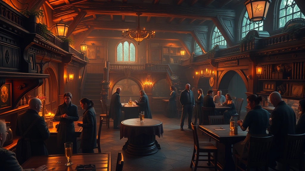 Cozy fantasy tavern interior with multiple NPCs socializing, warm atmospheric lighting, intricate environmental details and decorations, immersive game world aesthetic, no game interface elements, professional gaming screenshot