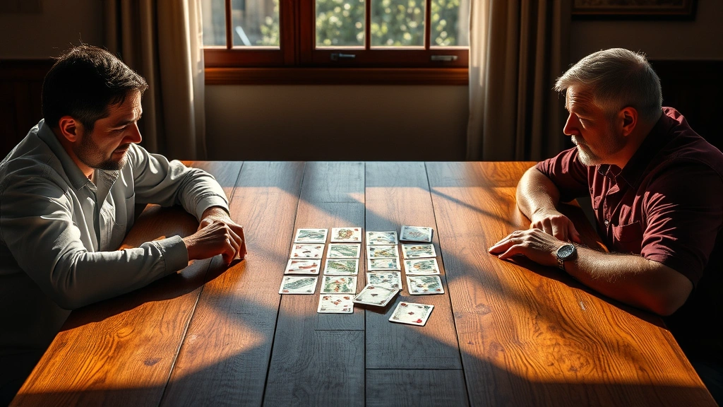 Two players sitting at opposite ends of a wooden table with cards spread between them in the middle, one player revealing their card dramatically while the other watches intently, natural lighting from a window, afternoon setting, realistic photography