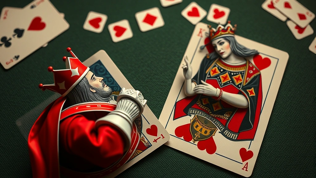 Close-up overhead view of a card battle in progress showing a King of Hearts facing a Queen of Diamonds on a felt game table, scattered playing cards visible in the background, professional lighting, shallow depth of field