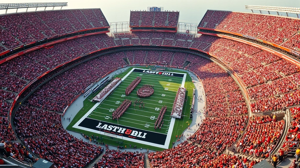 Overhead stadium view during NFL game with packed crowd in red and gold team colors, vibrant energy and excitement, thousands of fans cheering