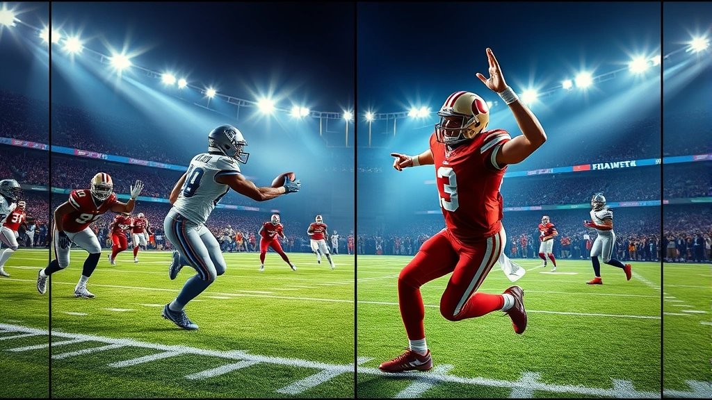 Split screen showing live football action with dramatic defensive play and quarterback celebration, intense athletic moment, professional stadium lighting