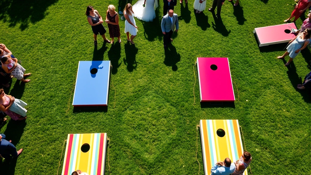 Overhead view of colorful cornhole boards set up on green grass at outdoor wedding venue with guests playing in summer sunlight, no text visible, photorealistic