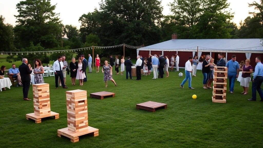 Outdoor wedding reception with lawn games stations including giant Jenga, spikeball, and ladder toss spread across garden area with guests mingling, golden hour lighting, no signage