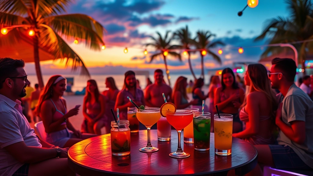 Vibrant tropical beach party scene with neon lighting, colorful cocktail drinks on table, friends laughing and socializing in casual attire, warm sunset lighting, festive atmosphere, no text or UI elements visible