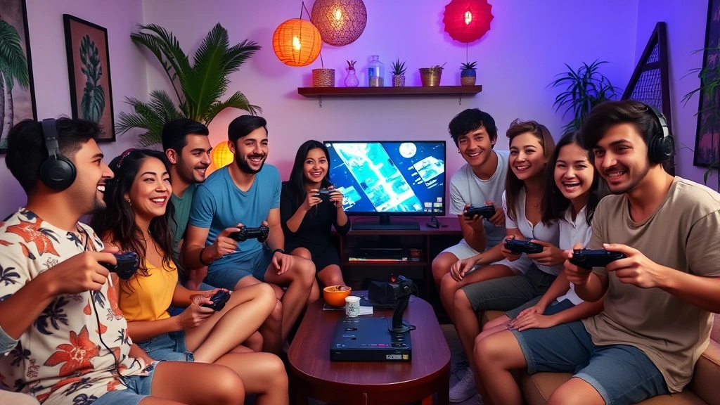 Group of friends gathered around gaming setup with controllers and screens, tropical themed decorations with bright colors, casual living room party environment, joyful expressions, motion and energy captured, no game menus or HUD visible