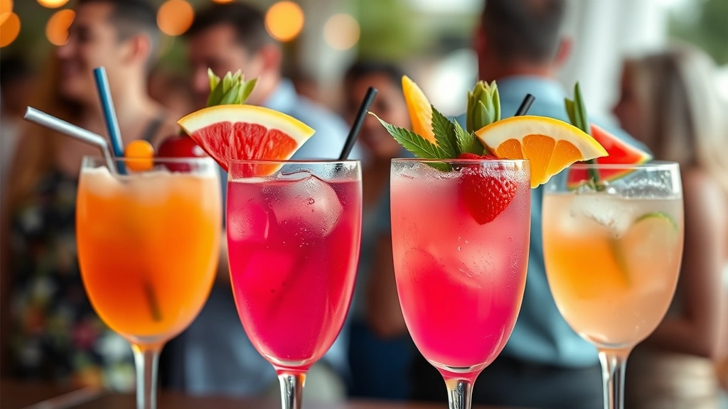 Close-up of colorful fruit-based cocktails in glasses with tropical garnishes, vibrant pink and fruity colors, party setting background with happy people blurred, natural lighting highlighting drink colors, no labels or text visible on glasses