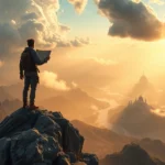 A lone adventurer standing atop a misty mountain peak overlooking vast valleys with floating islands and ancient ruins scattered below, holding a weathered map, dramatic lighting with golden hour sunlight breaking through clouds, photorealistic fantasy landscape