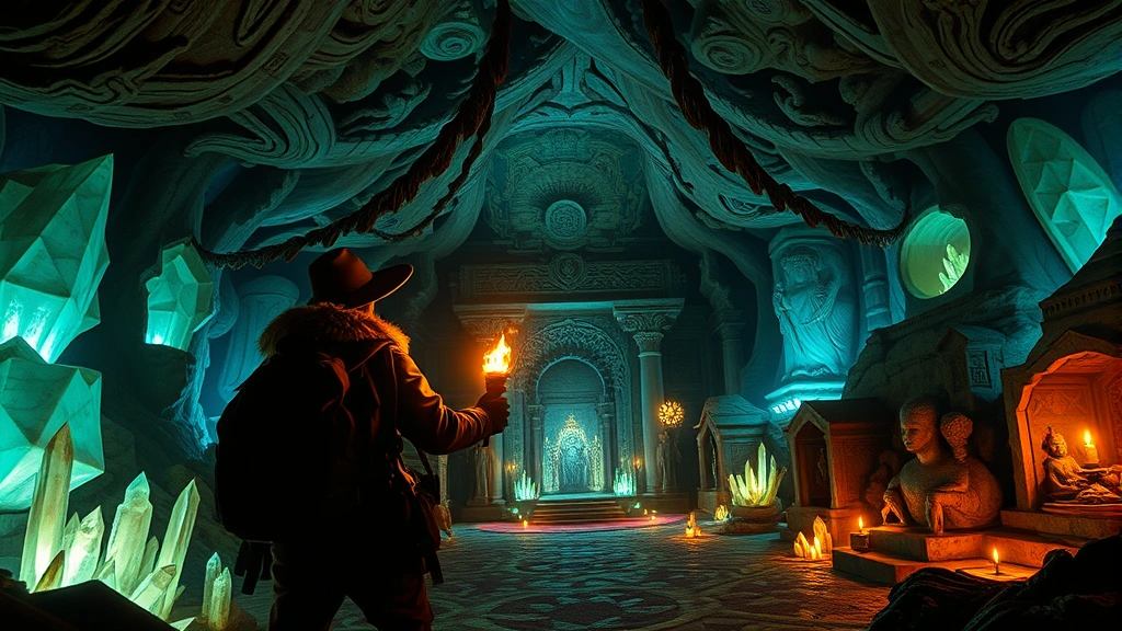 An explorer discovering a hidden underground temple filled with luminescent crystals and ancient murals, torchlight illuminating intricate architectural details and mysterious artifacts, photorealistic underground cavern with magical glow