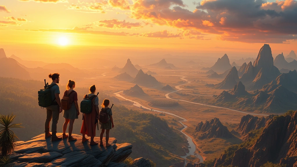 A diverse group of adventurers standing together on a clifftop overlooking an expansive fantasy world with multiple biomes visible—forests, deserts, mountains, and coastlines—sunset painting the sky in vibrant colors, sense of epic journey and discovery