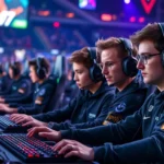 Professional esports players competing in a high-stakes FPS tournament, sitting at gaming PCs with mechanical keyboards and gaming mice, intense focus on faces, stadium lighting, tournament setup