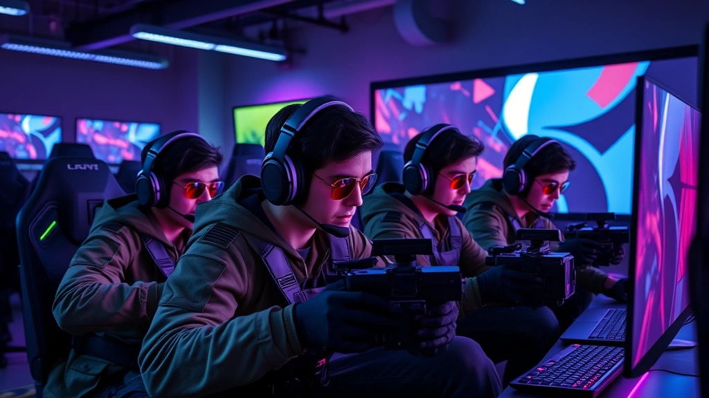 Diverse team of gamers in tactical gear and headsets playing cooperatively in a modern gaming room, multiple monitors displaying first-person perspective gameplay, atmospheric RGB lighting