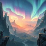 Epic fantasy landscape with towering mountains, ancient temples, and a lone adventurer standing on a cliff edge overlooking a vast valley with magical auroras in the sky