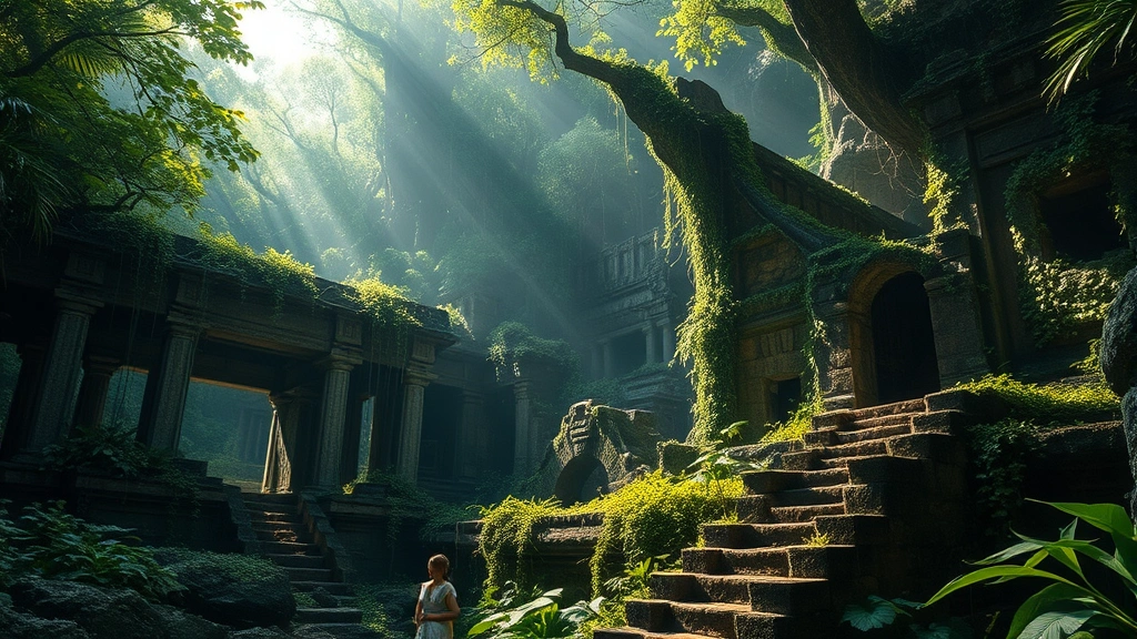 Detailed jungle ruins with overgrown stone structures, vines covering ancient architecture, shafts of sunlight filtering through dense canopy creating dramatic lighting