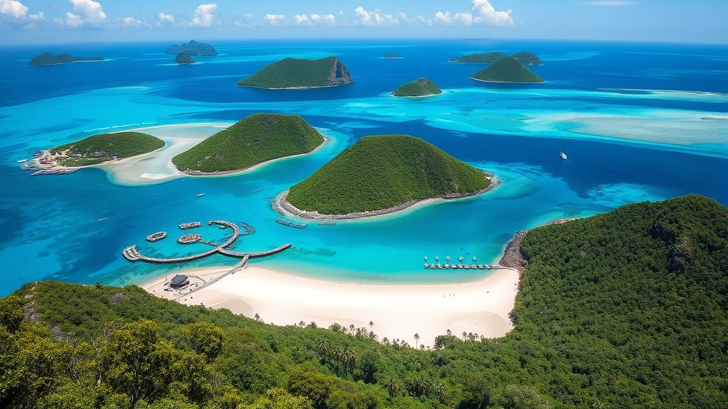 Beautiful archipelago with multiple islands visible from high vantage point, crystal-clear turquoise waters, white sand beaches, lush vegetation, and mysterious ancient structures scattered across islands