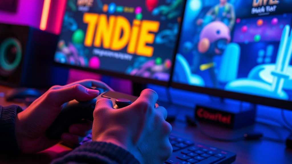 Close-up of game controller hands on desk with colorful indie game title screens glowing on monitor, neon lighting, professional gaming setup, photorealistic