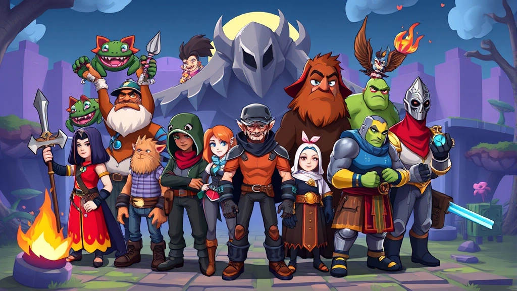 Diverse indie game characters standing together in stylized environments, pixel art aesthetic blending with modern graphics, fantasy and sci-fi elements, vibrant colors