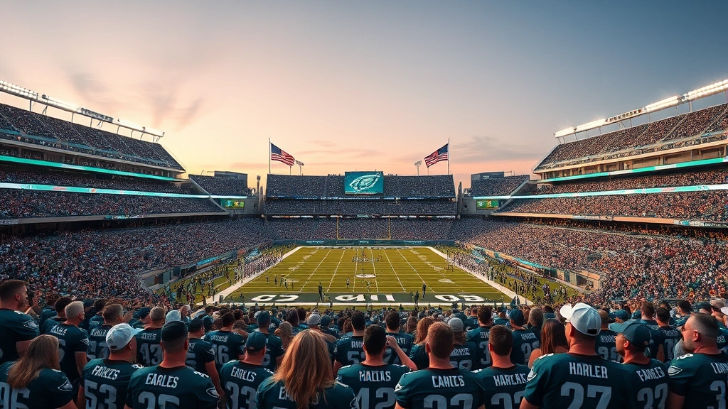 Philadelphia Eagles football stadium packed with enthusiastic fans wearing green and silver jerseys cheering during evening game under bright floodlights with clear sky