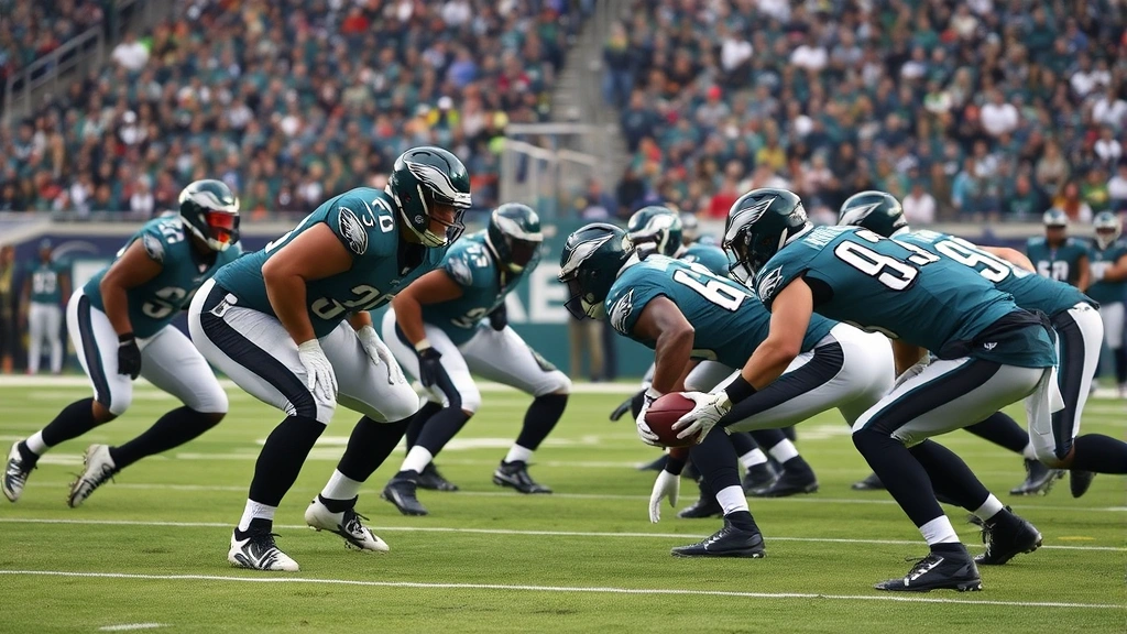 Eagles defensive line in perfect formation executing play during high-stakes playoff game with focused intensity and championship atmosphere