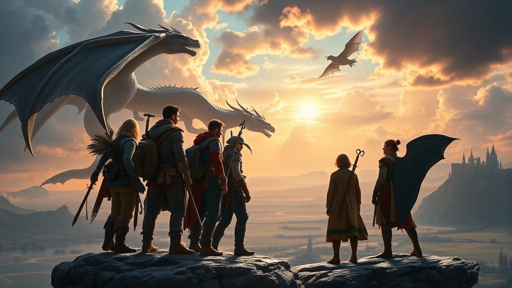 Diverse party of adventurers standing together on cliff overlooking dragon-filled sky and fantasy landscape, heroic poses, cinematic fantasy composition